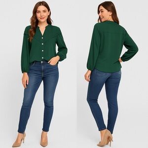 🌿 SHEIN Forest Green Lace Detail Button-Front Blouse 🍃 Size S (EU 36 / US 4)